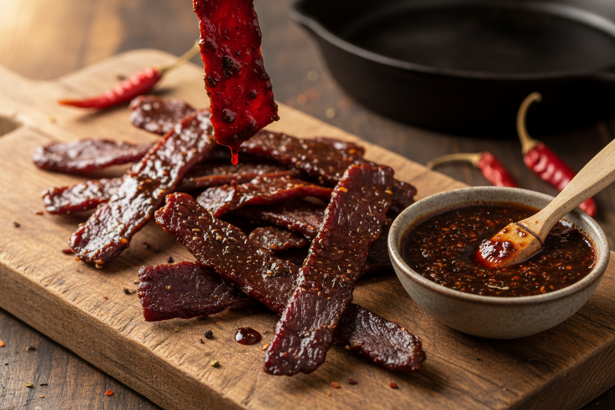 Beef jerky with dark roasted hot sauce