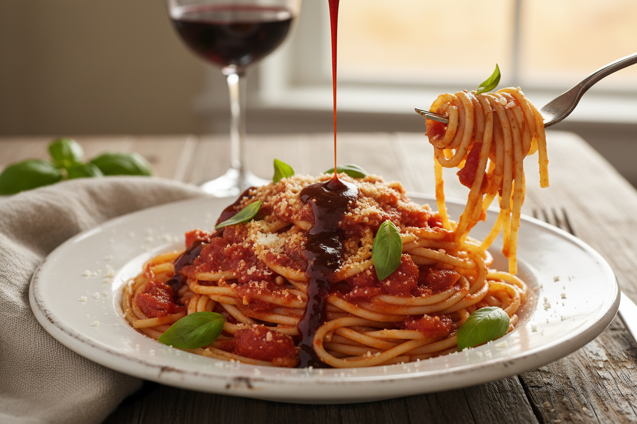 Spaghetti with dark roasted hot sauce