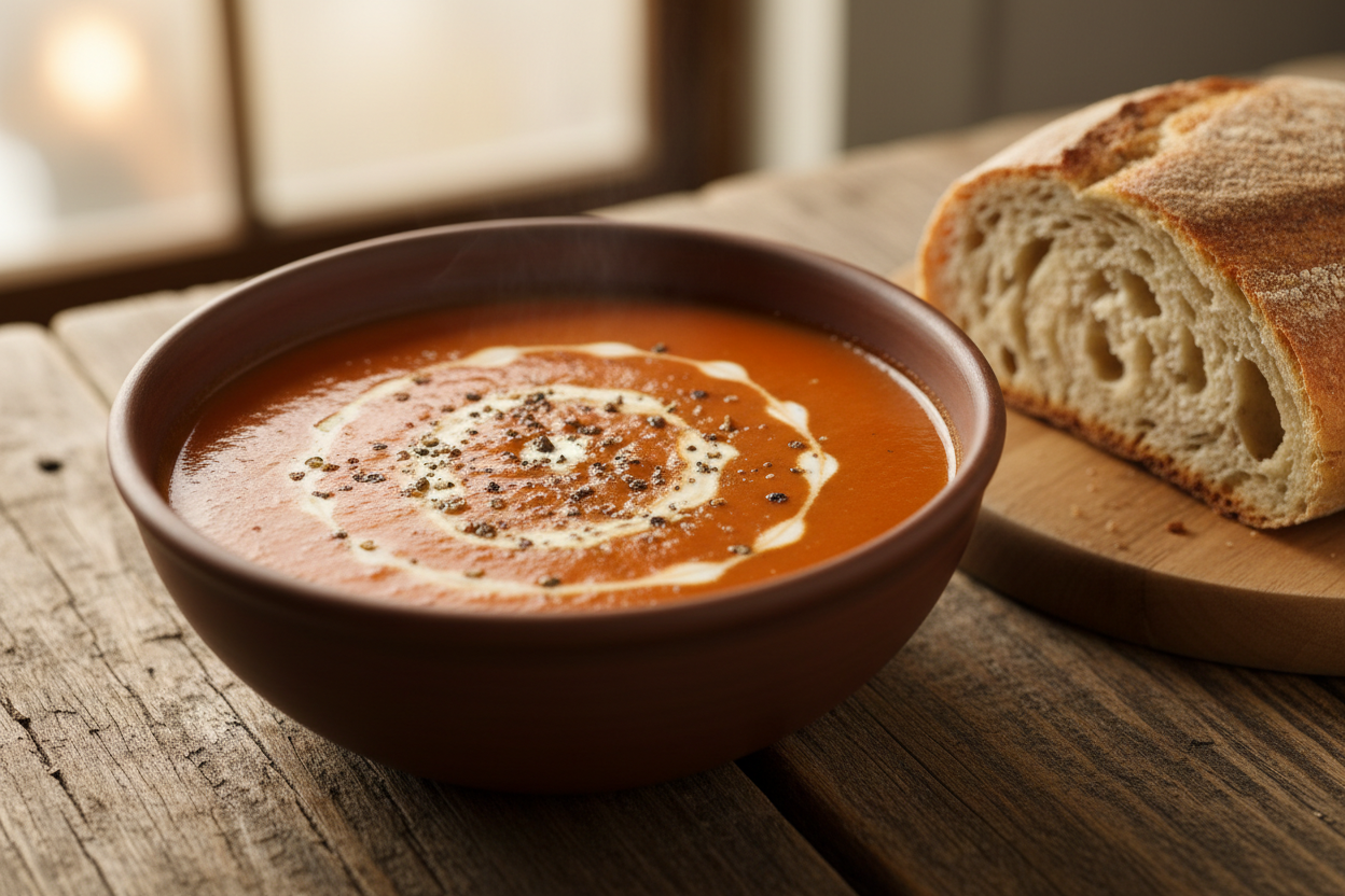 Tomato soup with crushed peppercorns