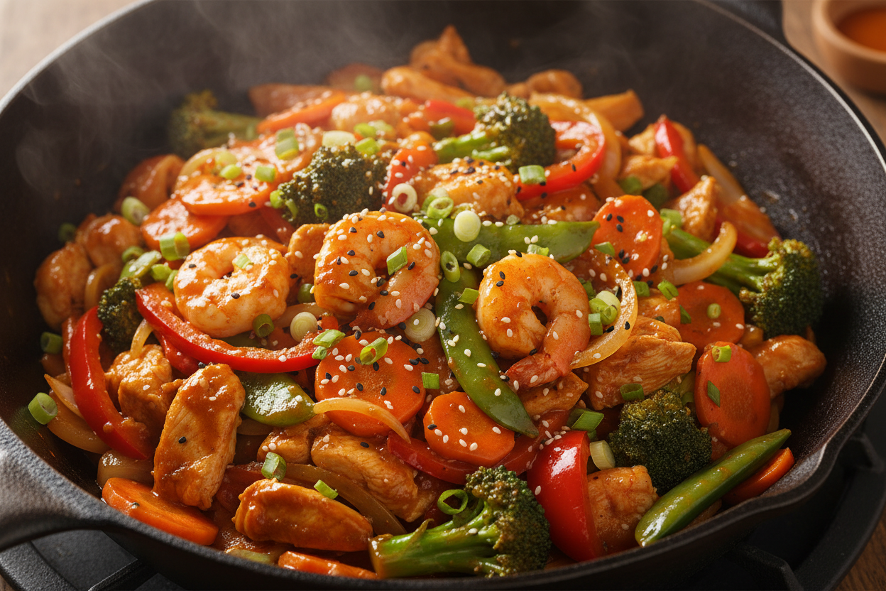 Asian stir-fry with sweet and hot sauce