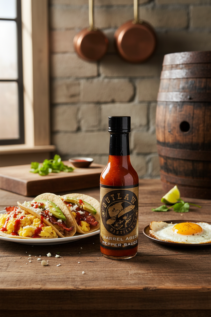 Barrel Aged Hot Sauce with Breakfast Tacos