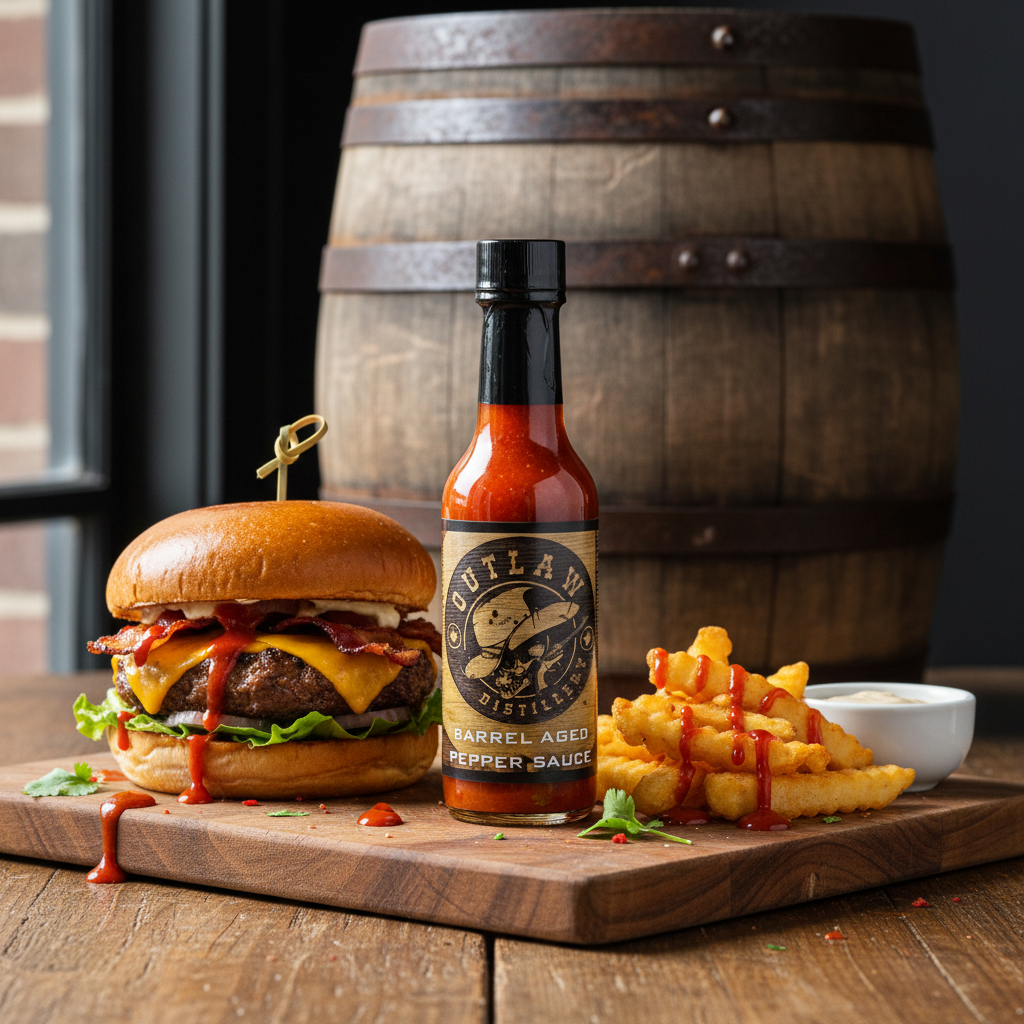 Barrel Aged Hot Sauce with Gourmet Burger