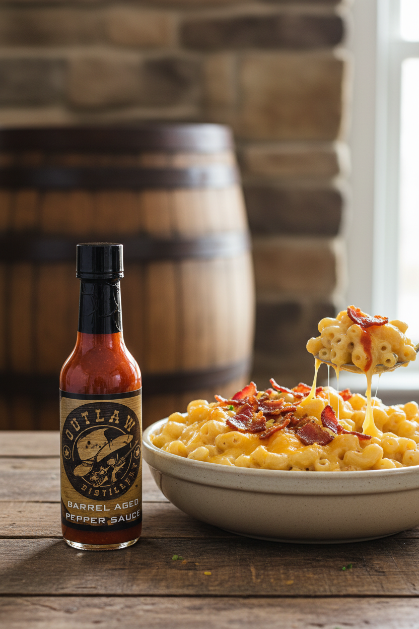 Barrel Aged Hot Sauce with Mac & Cheese