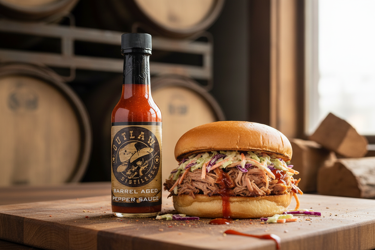 Barrel Aged Hot Sauce with Pulled Pork Sandwich