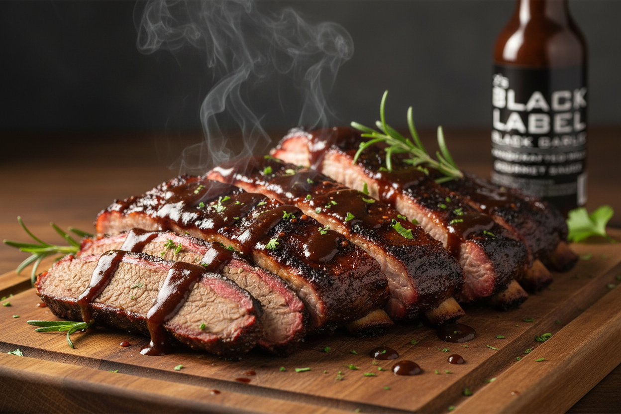 BBQ smoked meat with black garlic sauce