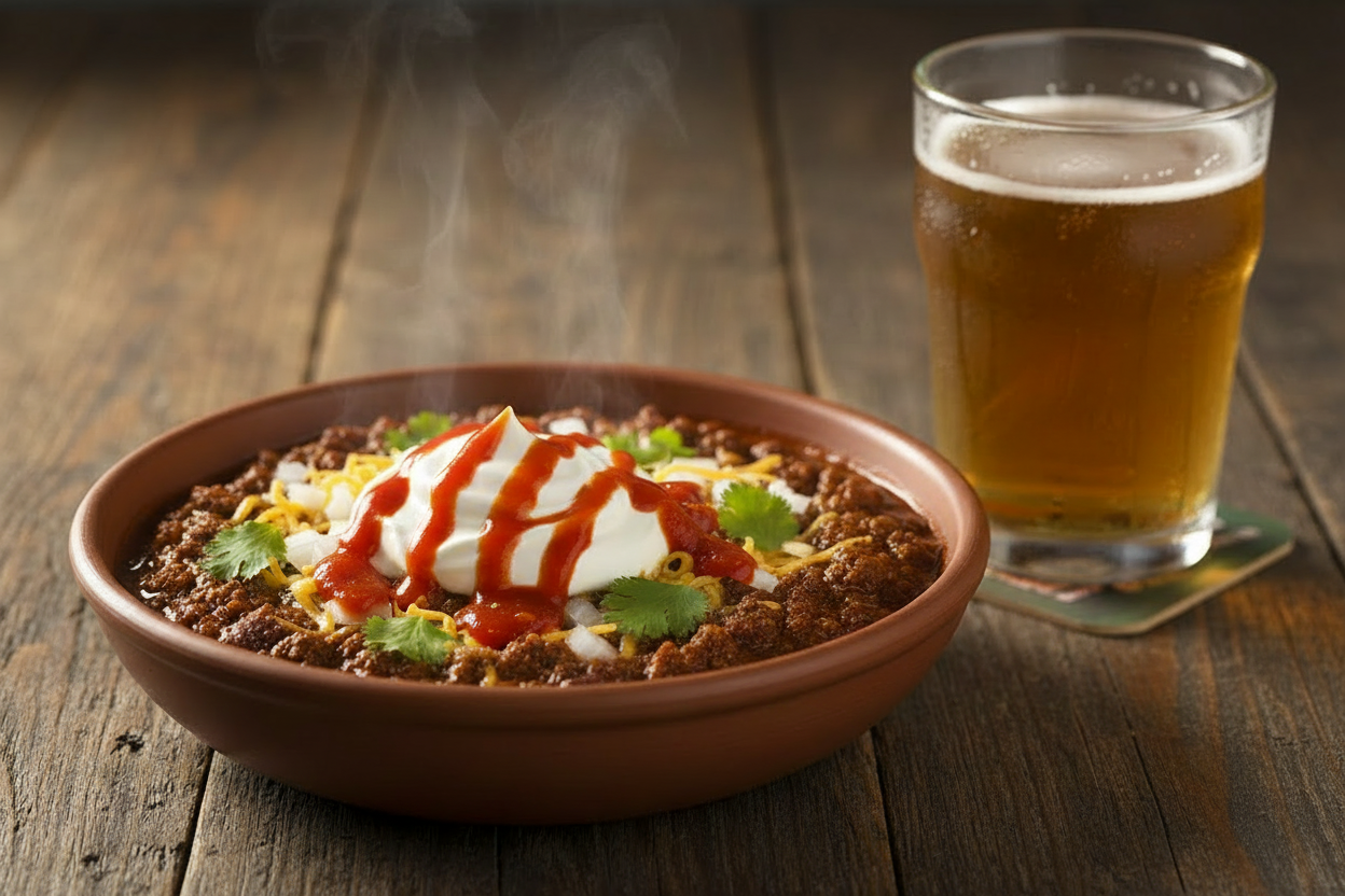Bowl of chili with chunky red hot sauce, sour cream, garnishes and ice cold beer