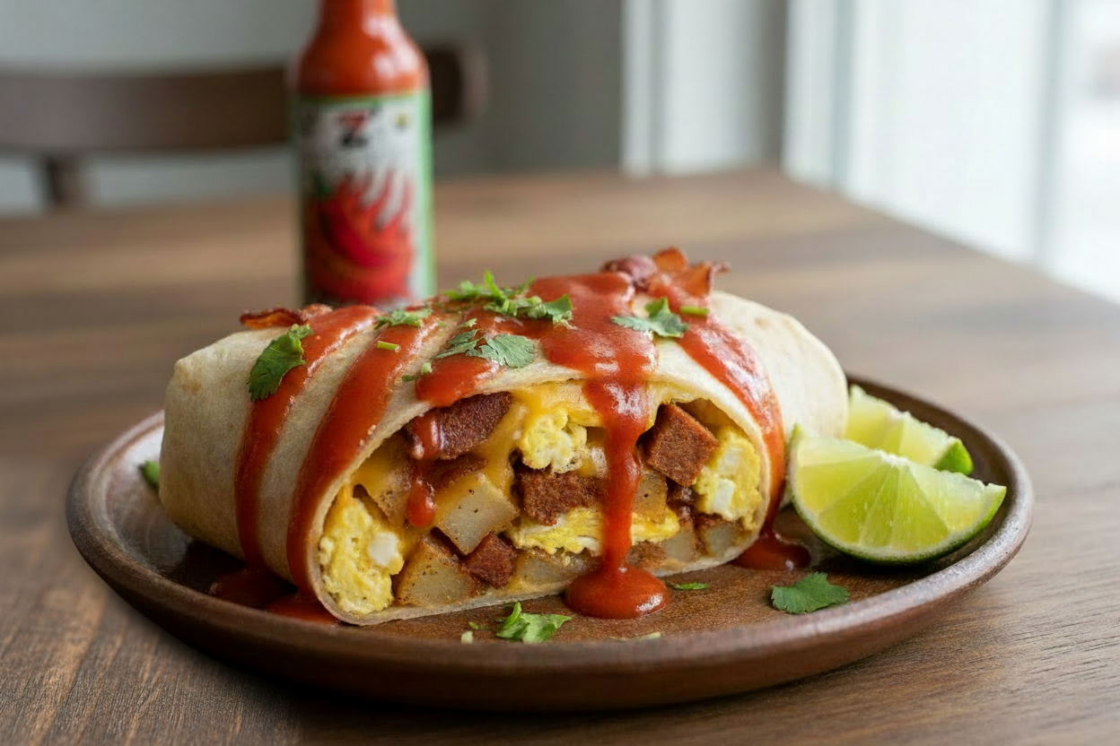 Breakfast burrito with thick red hot sauce