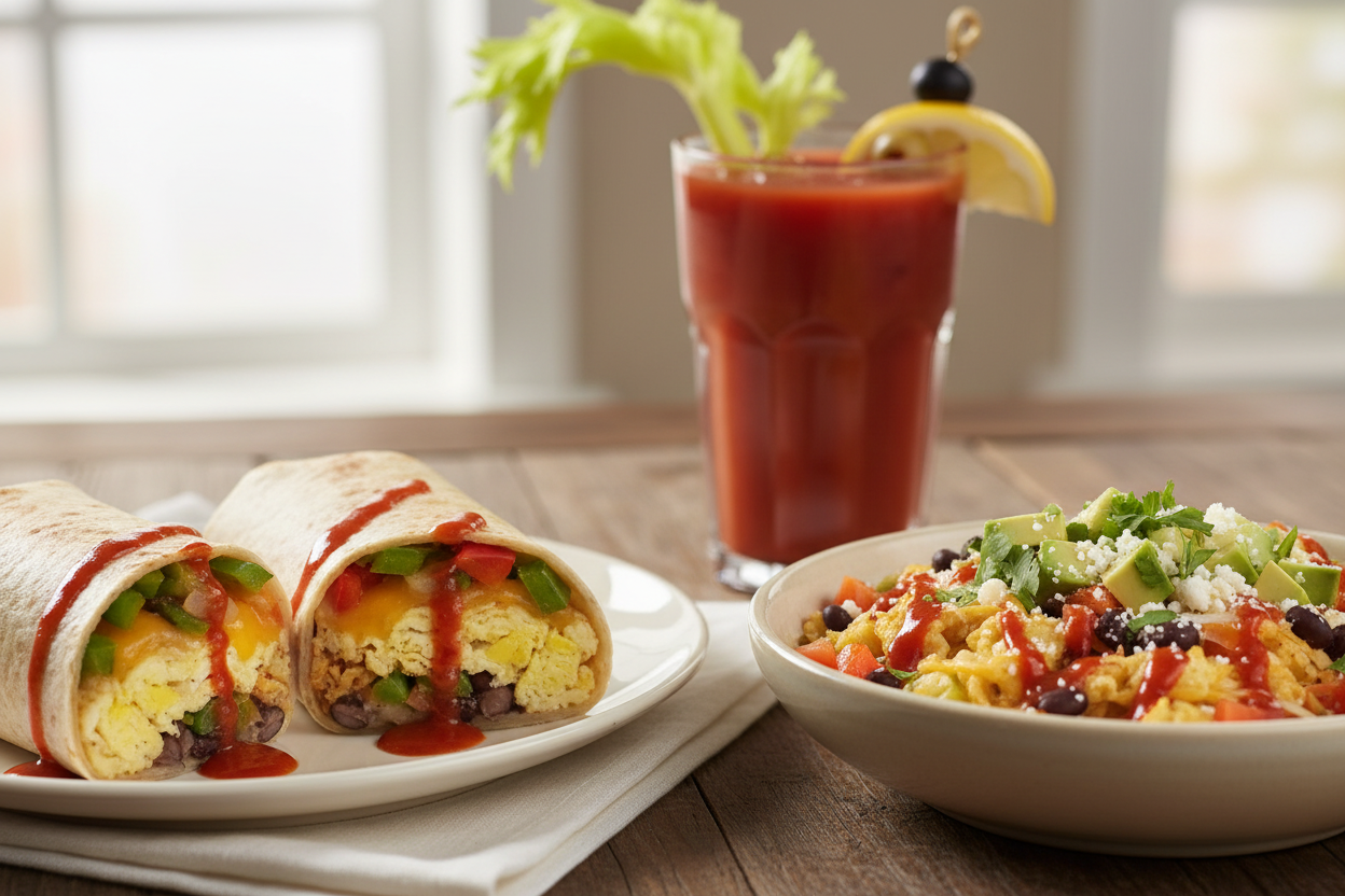 Breakfast burrito with thin XXX sauce and bloody mary