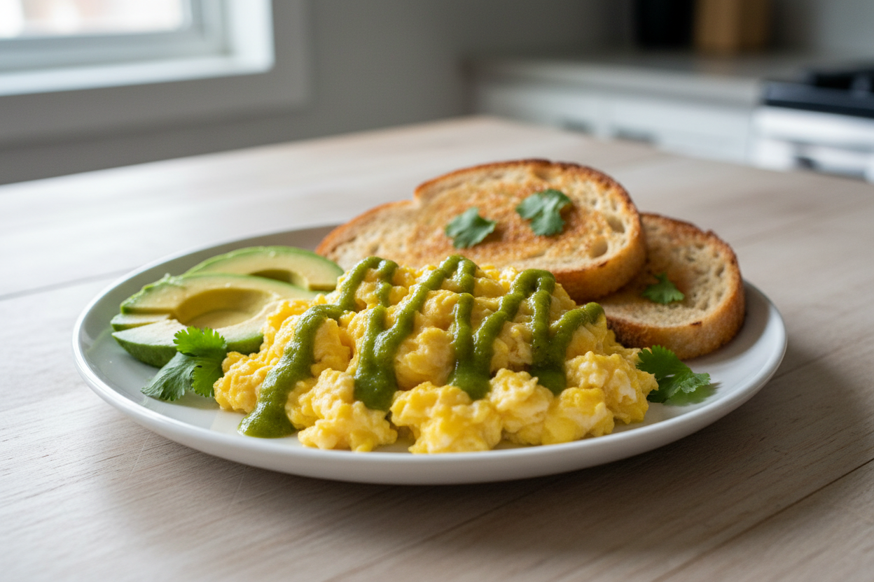 Breakfast eggs with green hot sauce
