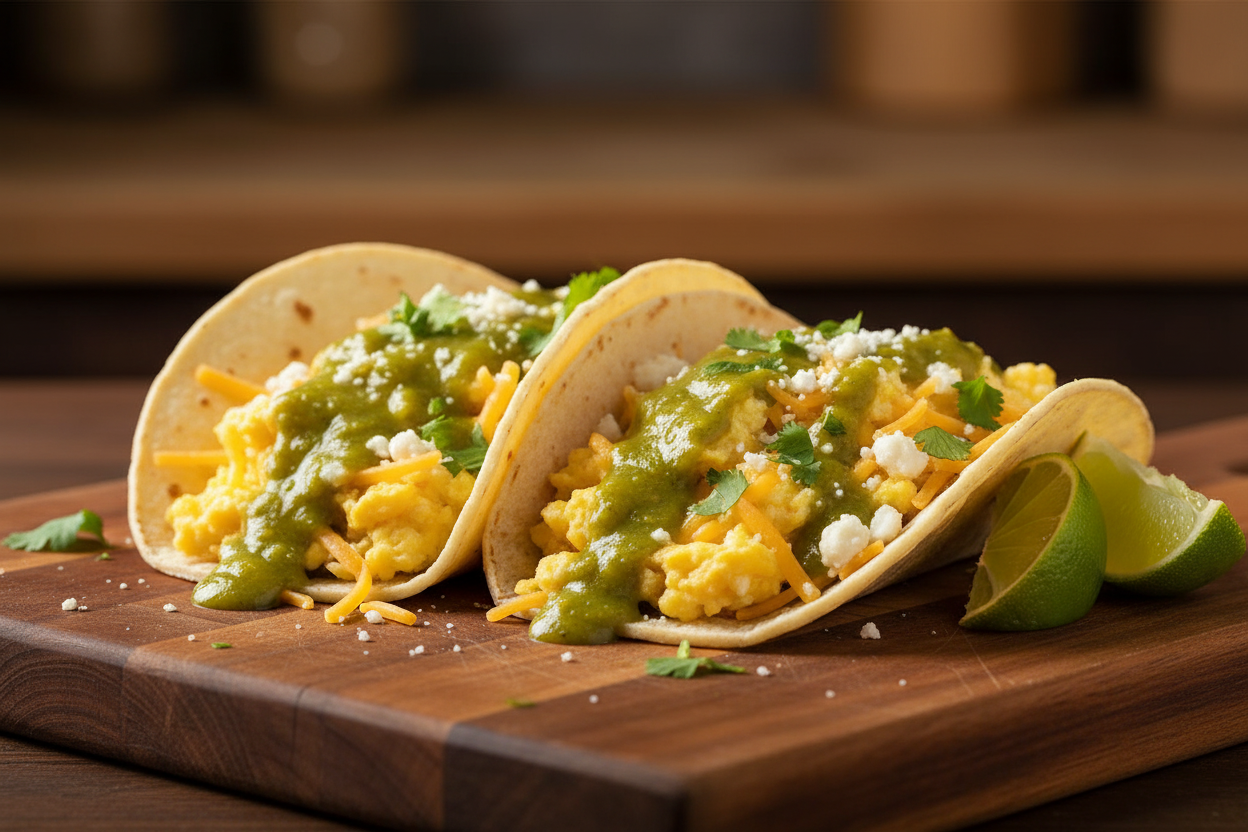 Breakfast tacos with green hot sauce