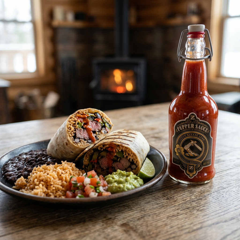 Burrito meal with Original Red hot sauce