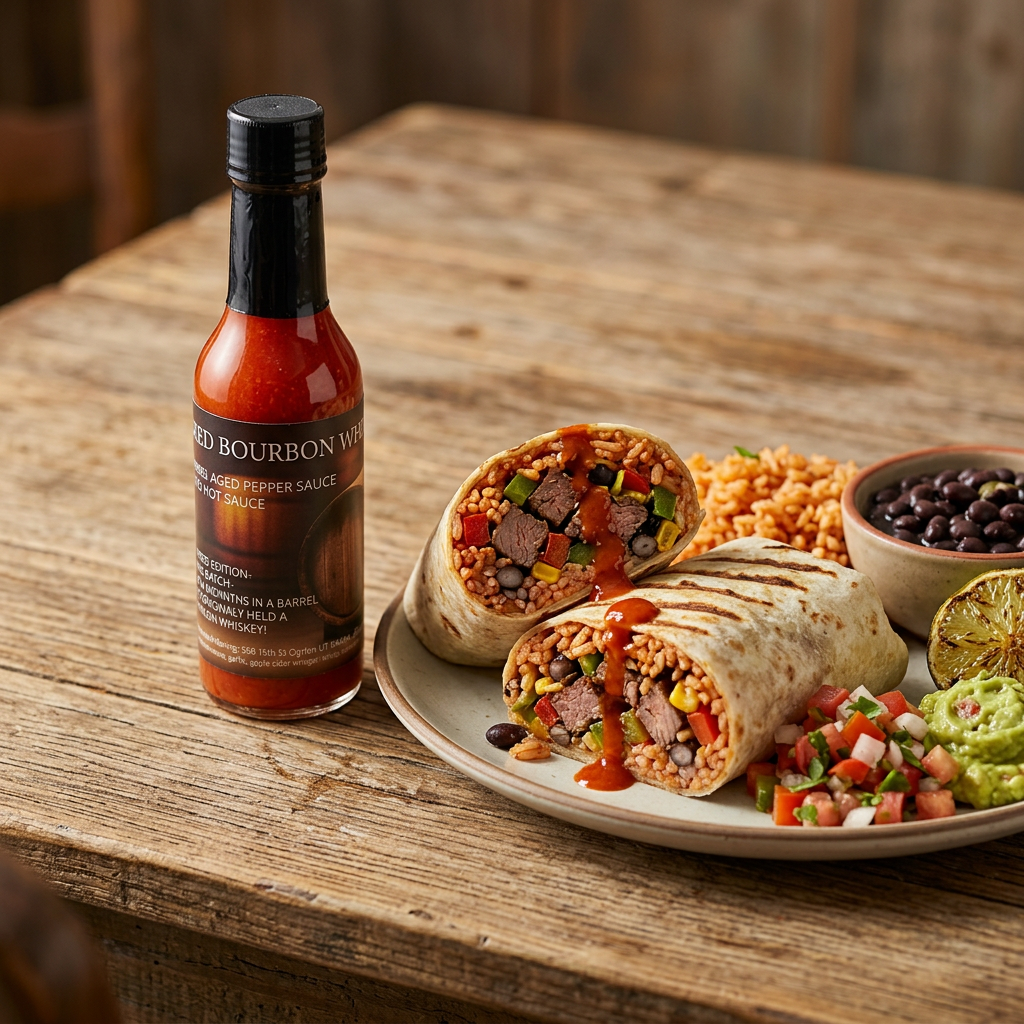 Burrito meal with Z's barrel-aged sauce