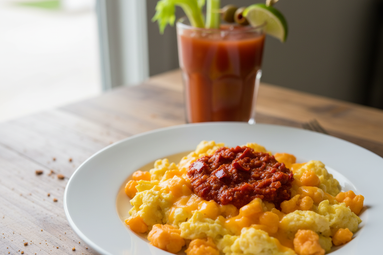 Cheesy eggs with reaper mash and bloody mary