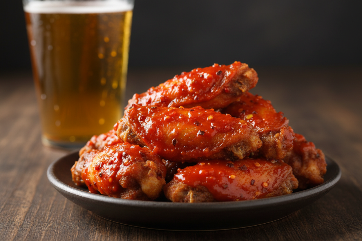 Chicken wings with thick chunky red hot sauce and beer
