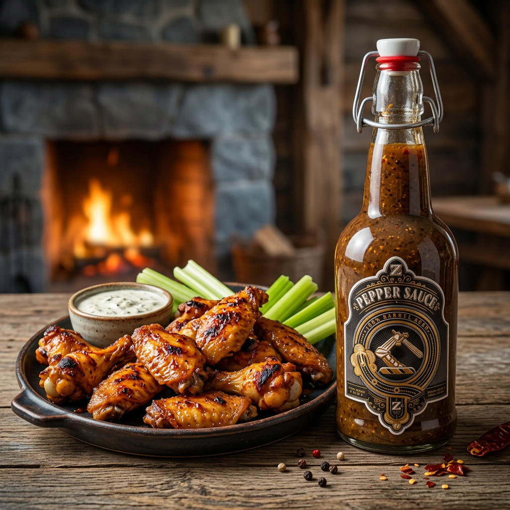 Chicken wings with Viking Blood roasted hot sauce