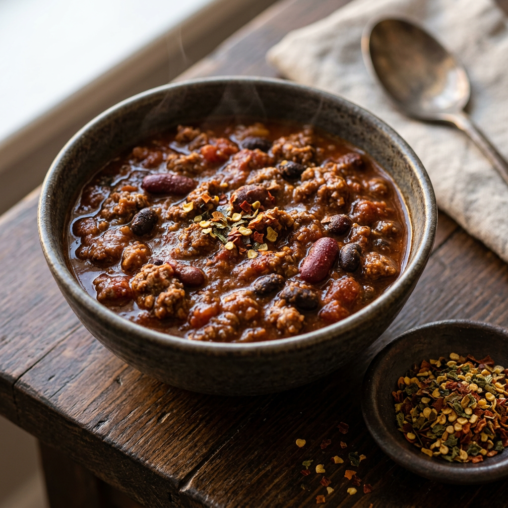 Chili with a light sprinkle of extreme-hot pepper flakes