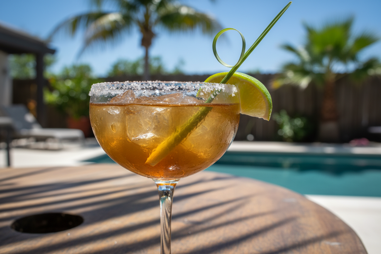 Classic margarita with darker golden color and lemongrass garnish