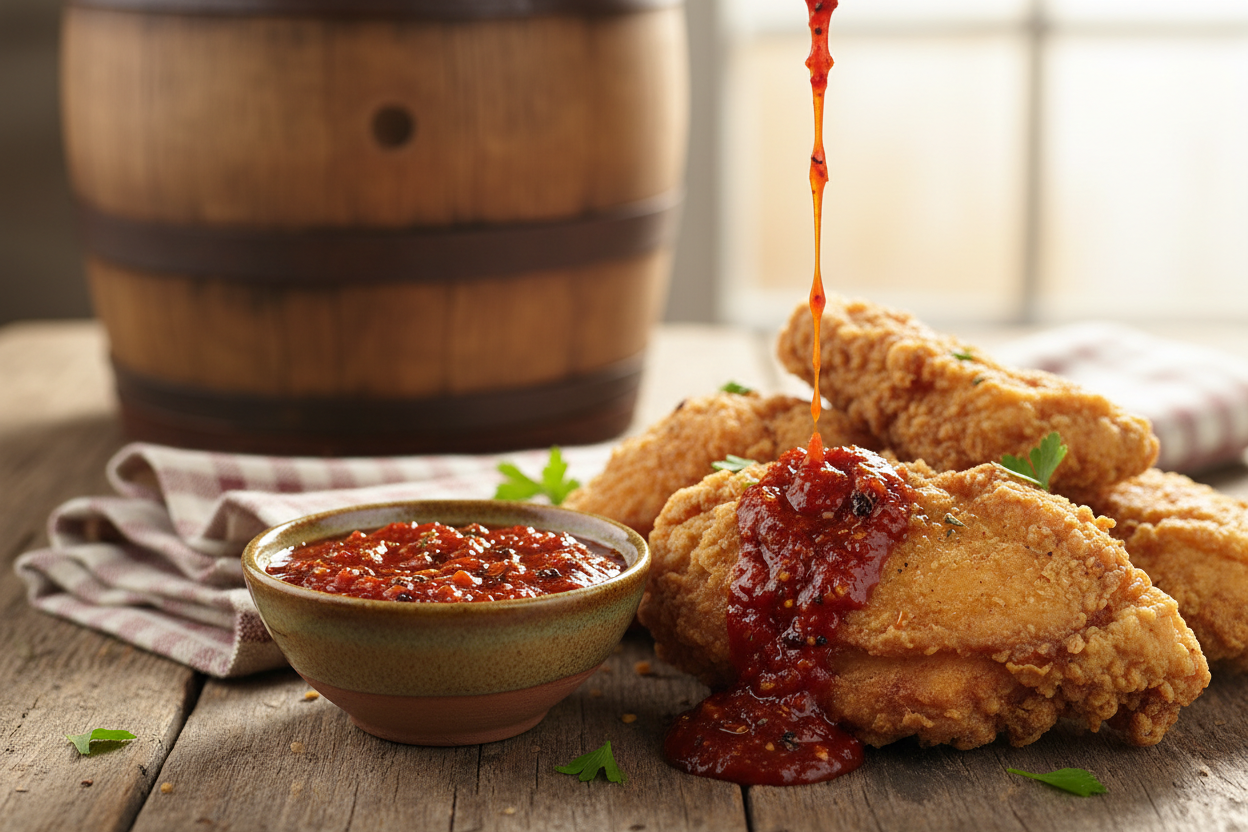 Country fried chicken with thick chunky barrel-aged hot sauce