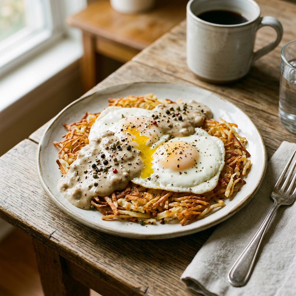 Crispy hashbrowns and over-easy eggs topped with country gravy and freshly cracked pepper