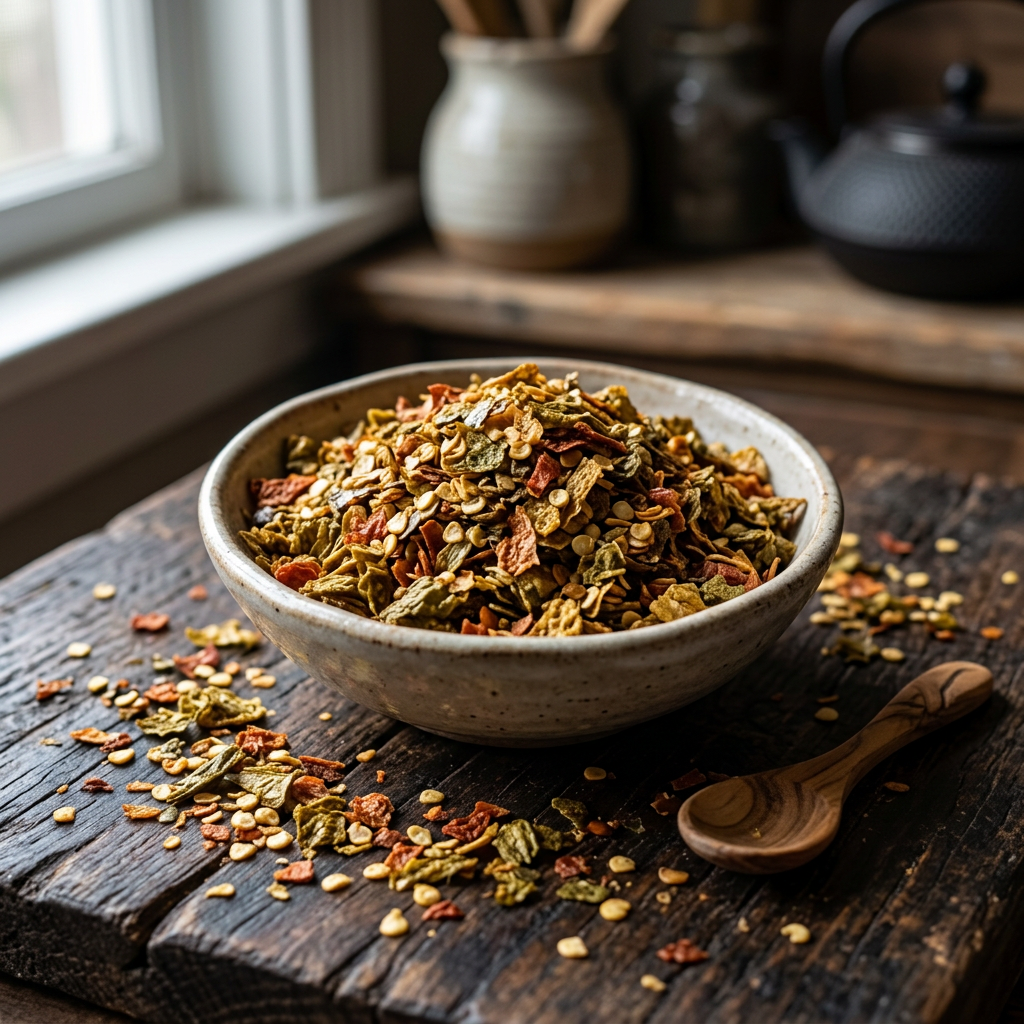 Crushed mixed-color dehydrated pepper flakes