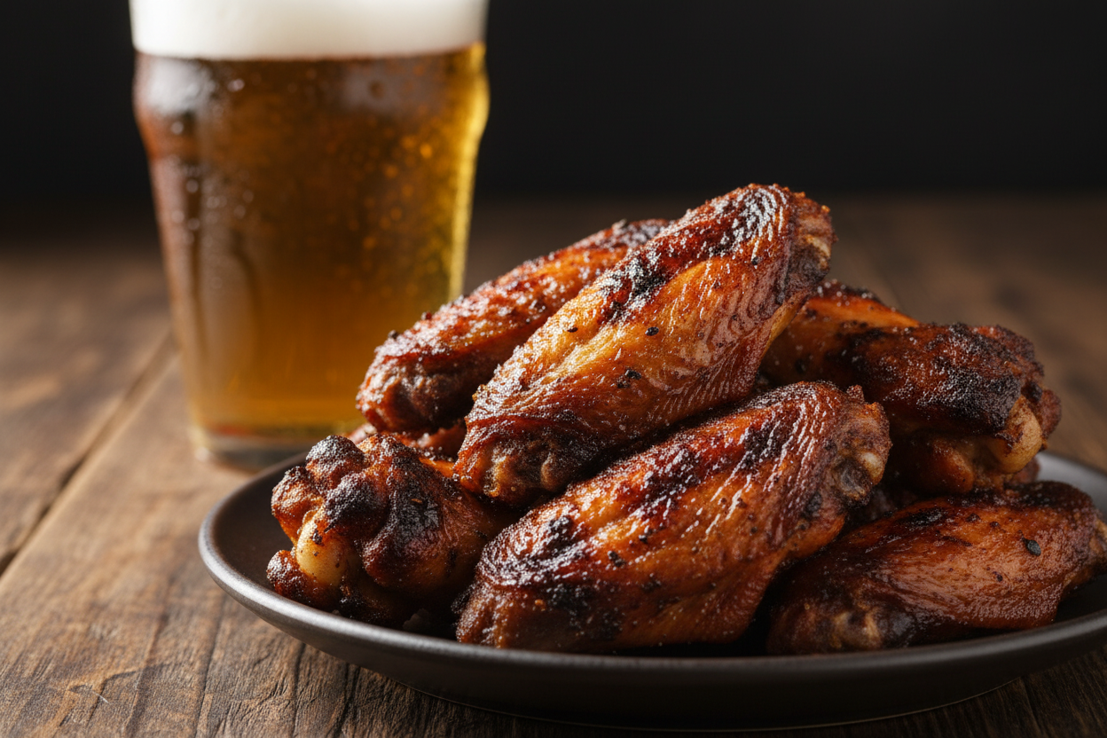 Dark roasted chicken wings with ice cold beer