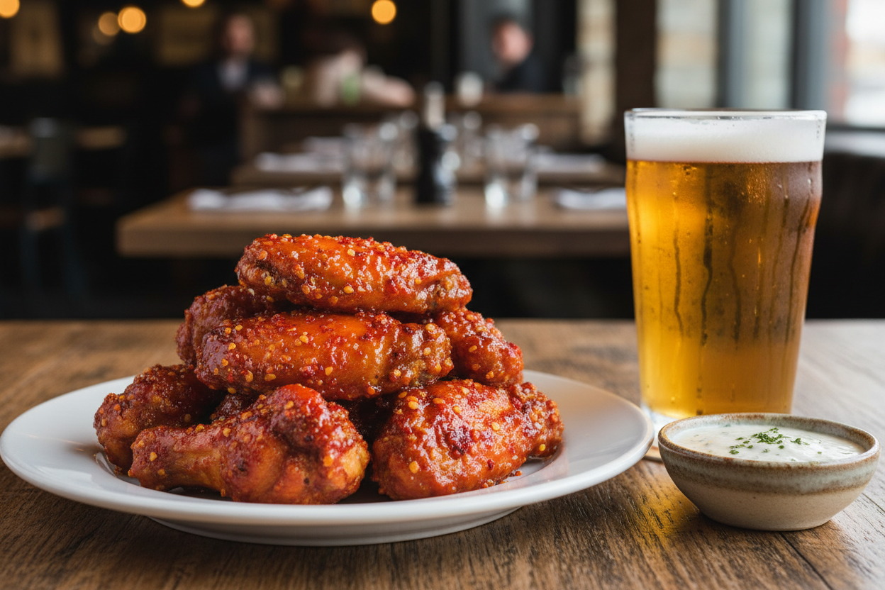 Deep red chicken wings with ice cold beer and blue cheese dressing