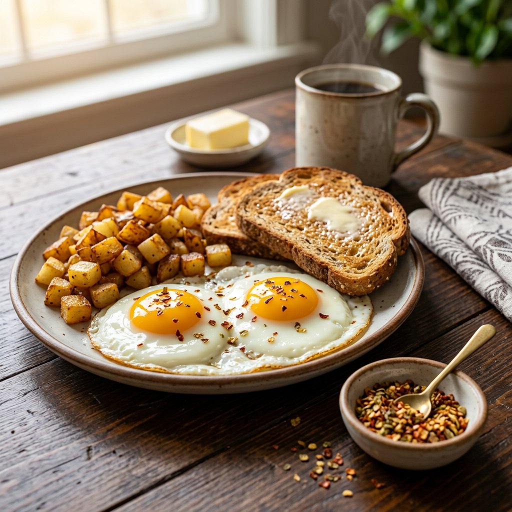 Egg breakfast with crushed extreme-hot peppers