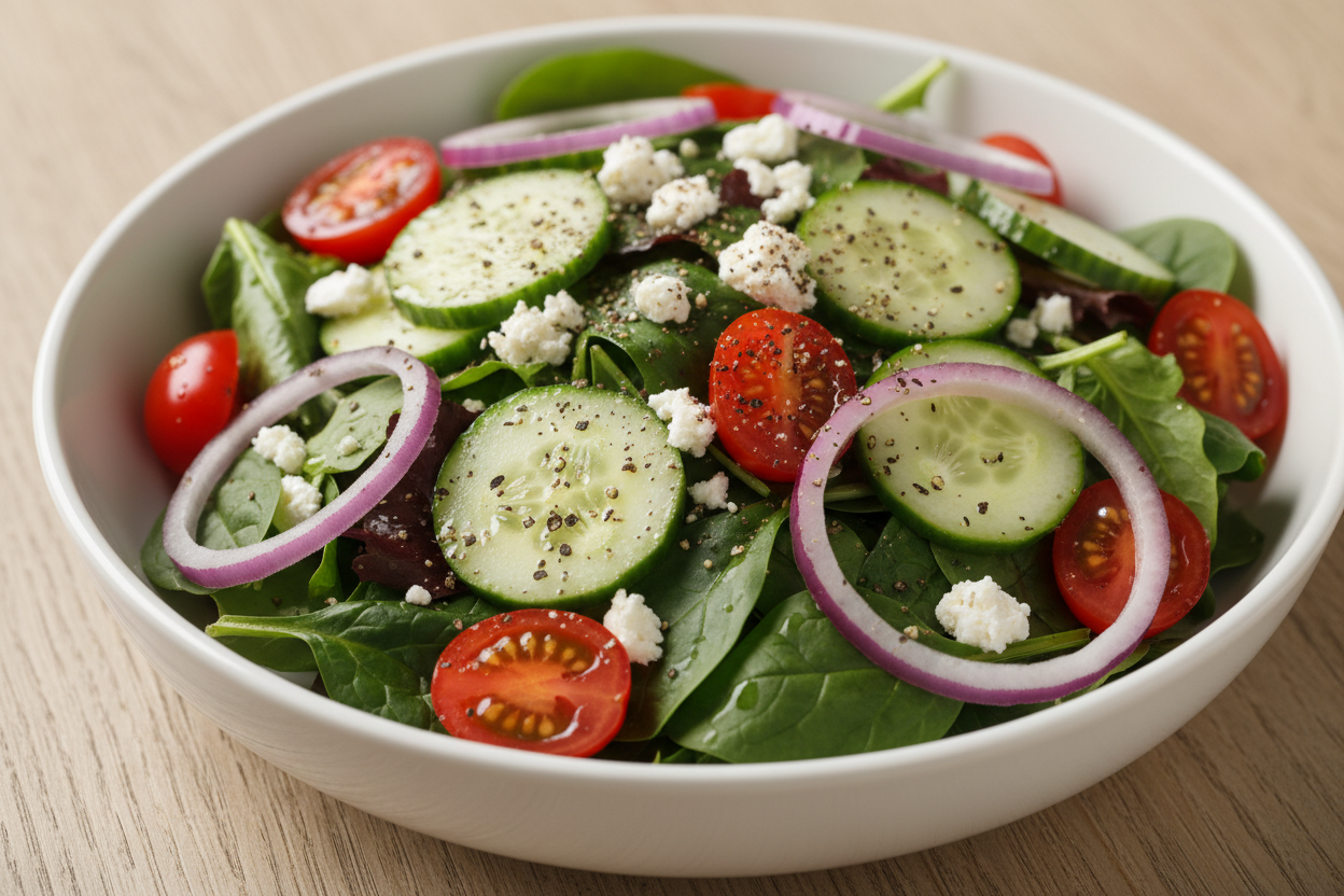 Fresh garden salad with crushed black peppercorns
