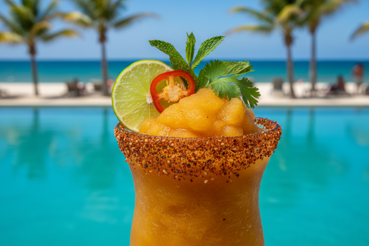 Frozen margarita with darker golden color and Tajín rim