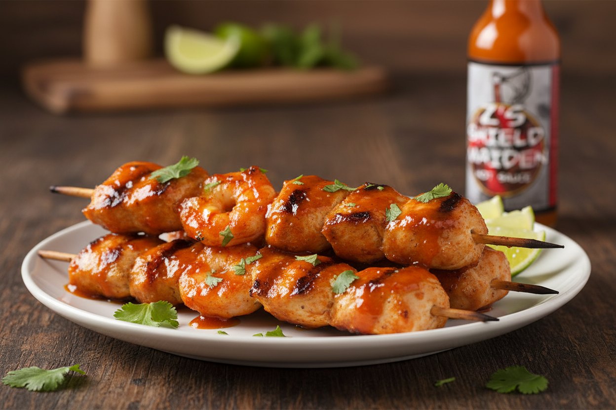 Glazed skewers with sweet and hot sauce