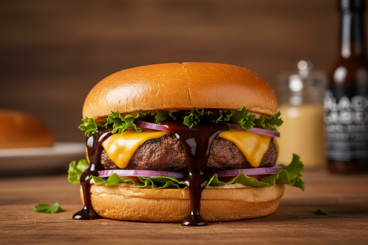 Gourmet burger with black garlic sauce