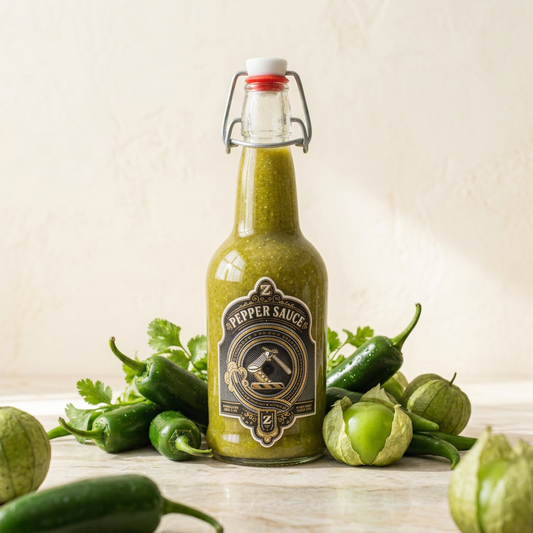 Green Hot Sauce with a larger, closer bottle framing