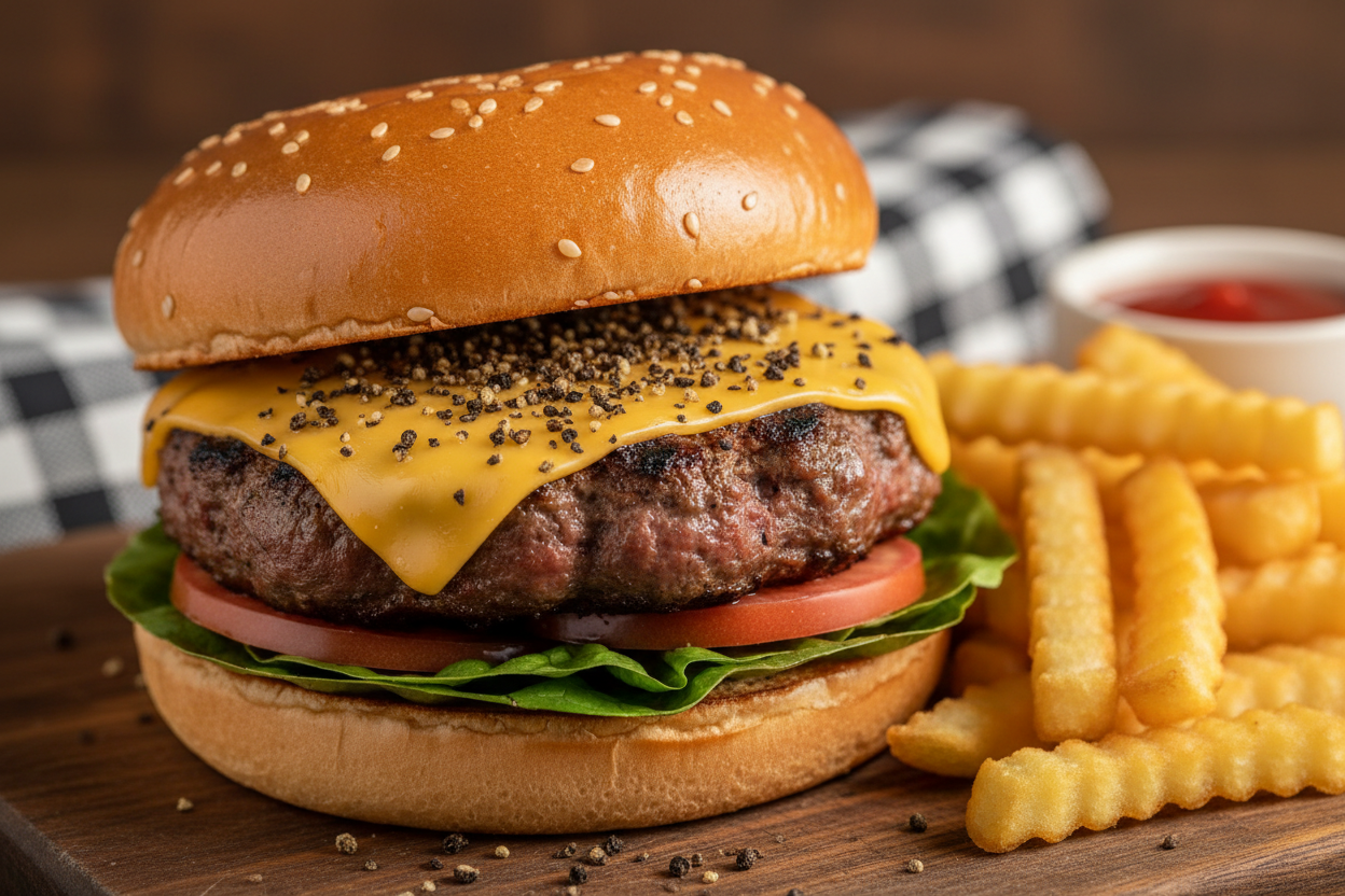Grilled burger with crushed peppercorns