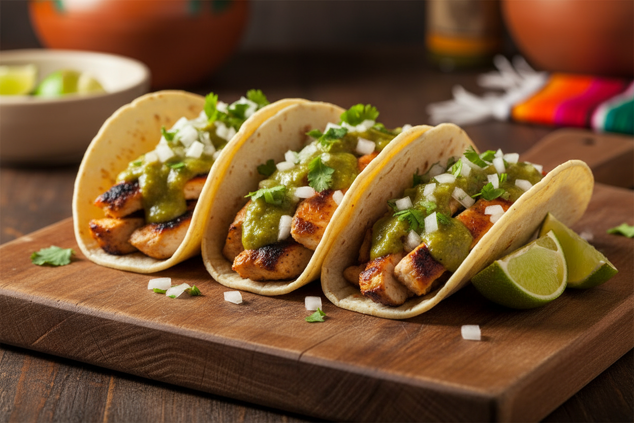 Grilled chicken tacos with green hot sauce