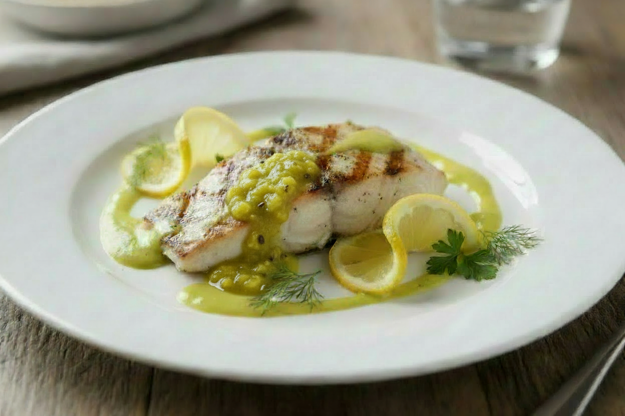 Grilled fish with extra thick chunky lemon ghost sauce