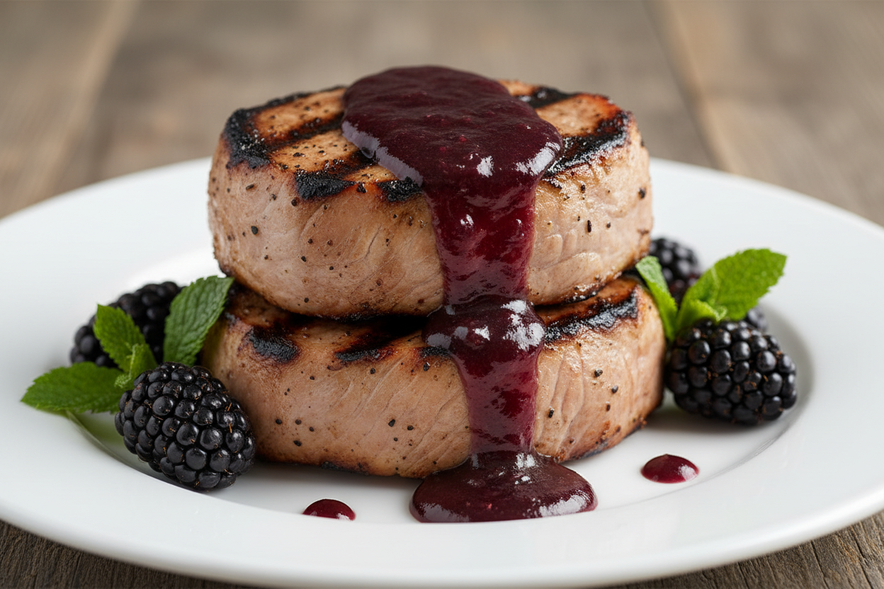 Grilled pork with blackberry ghost sauce