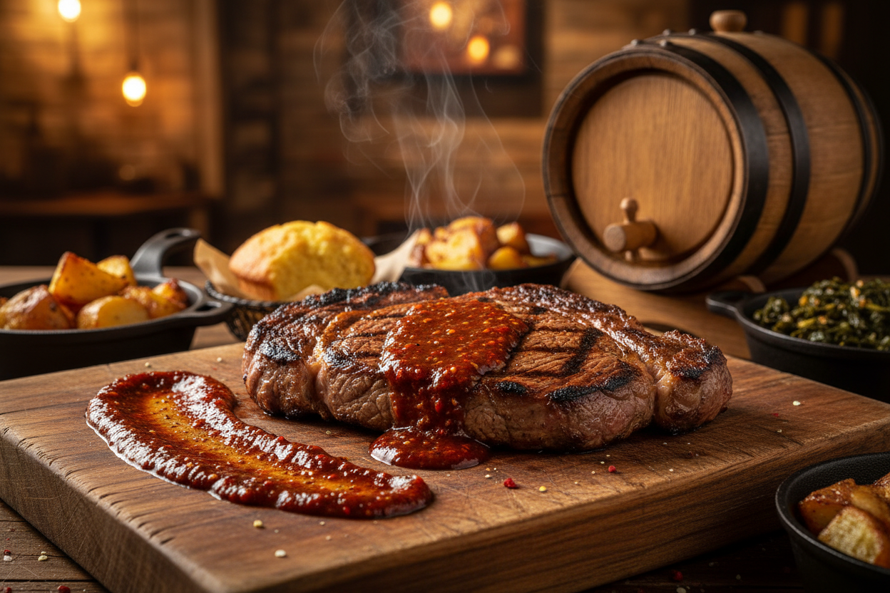 Grilled steak with thick chunky barrel-aged hot sauce