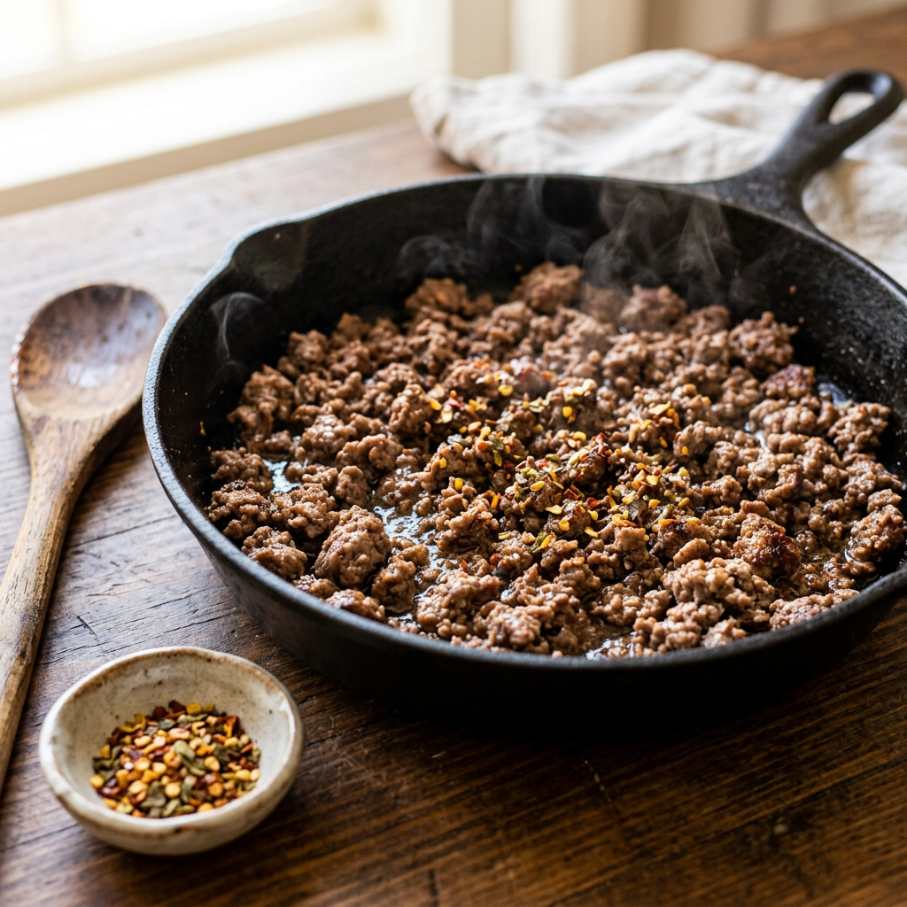 Ground hamburger browning with crushed peppers