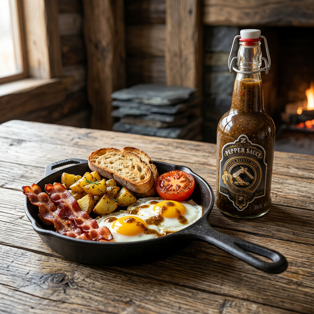 Hearty breakfast with Viking Blood roasted hot sauce