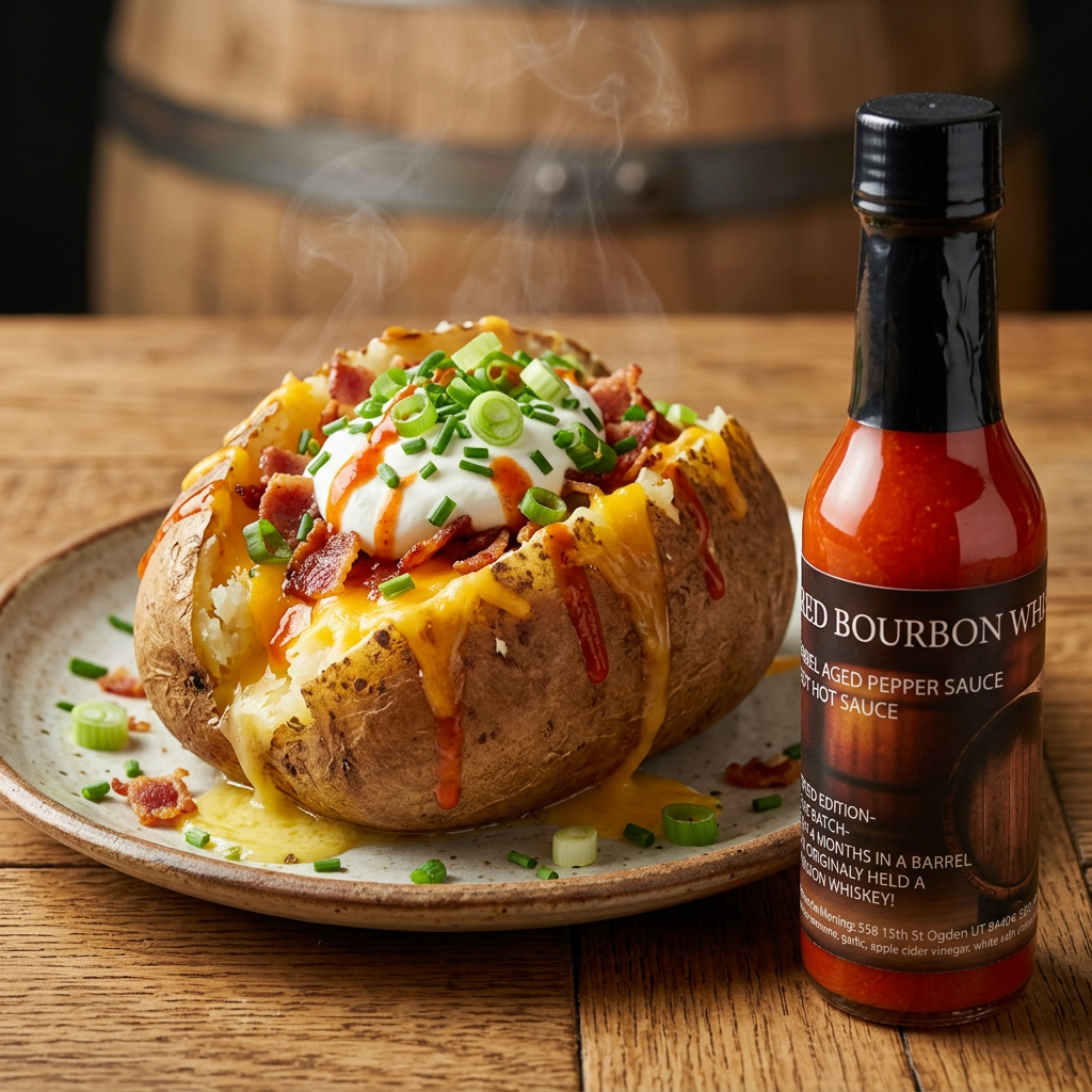 Loaded baked potato with all the fixings and Z's barrel-aged pepper sauce