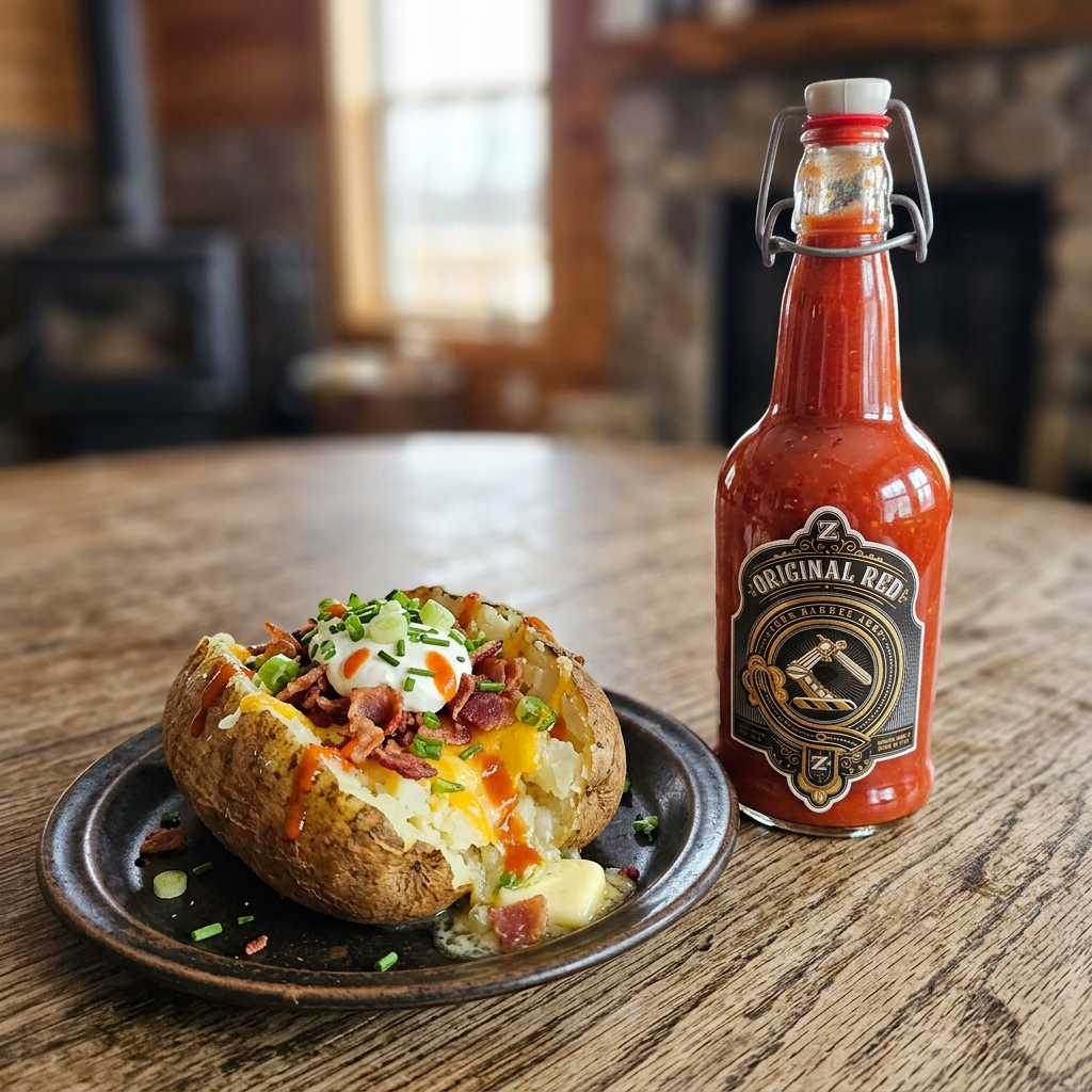Loaded baked potato with Original Red hot sauce