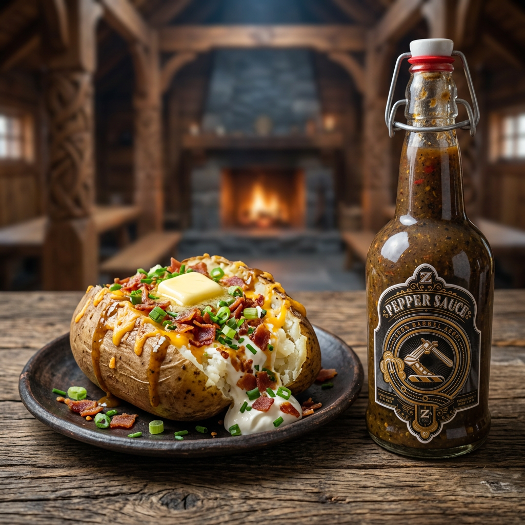 Loaded baked potato with Viking Blood roasted hot sauce