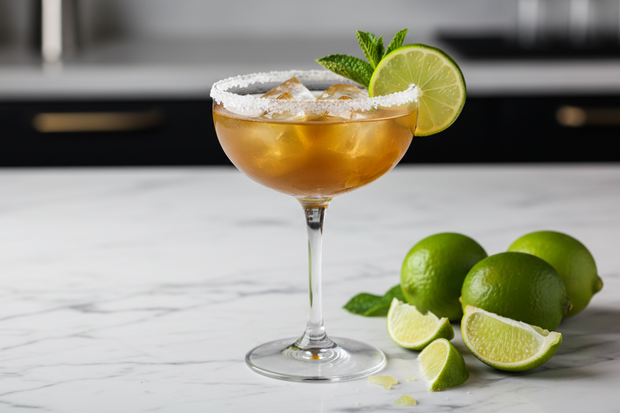 Margarita with darker golden color in elegant glass