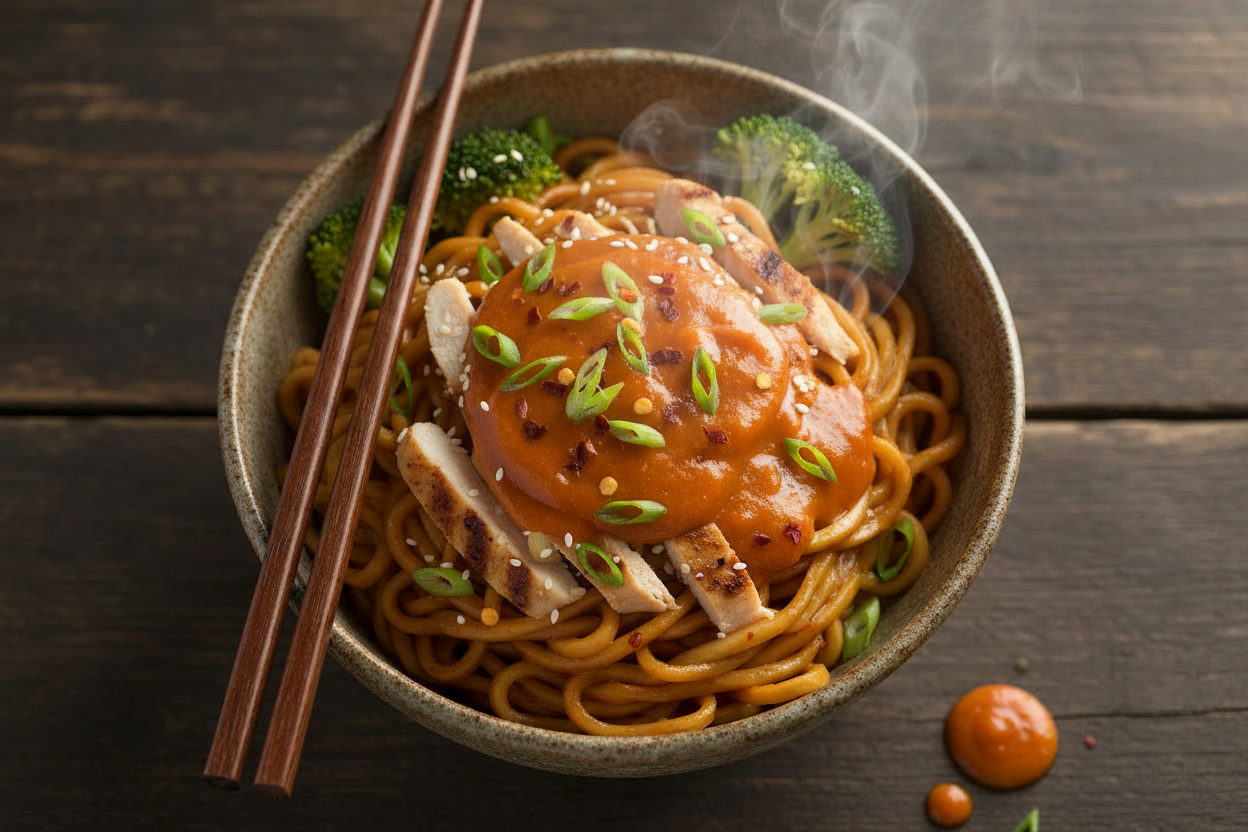 Noodles with sweet and hot sauce mixed in