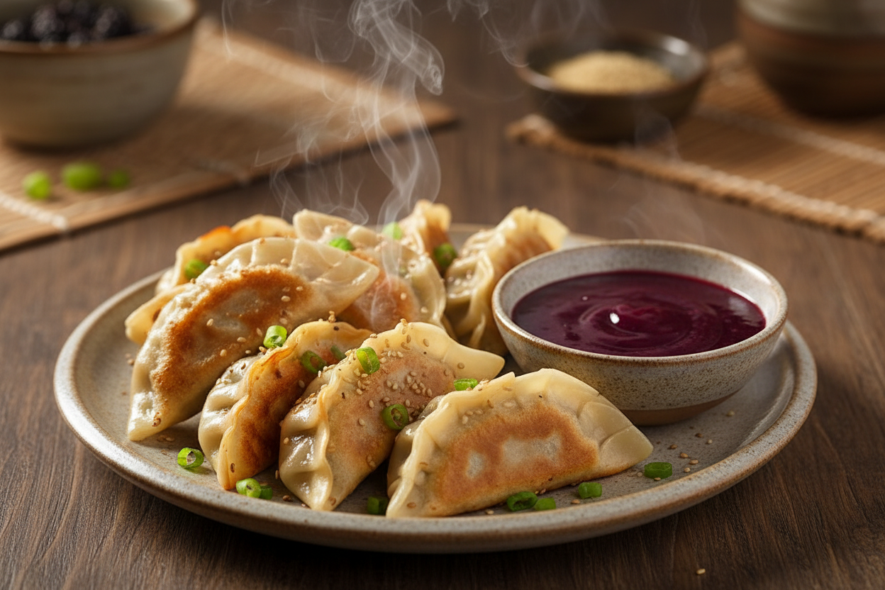 Pot stickers with blackberry ghost sauce
