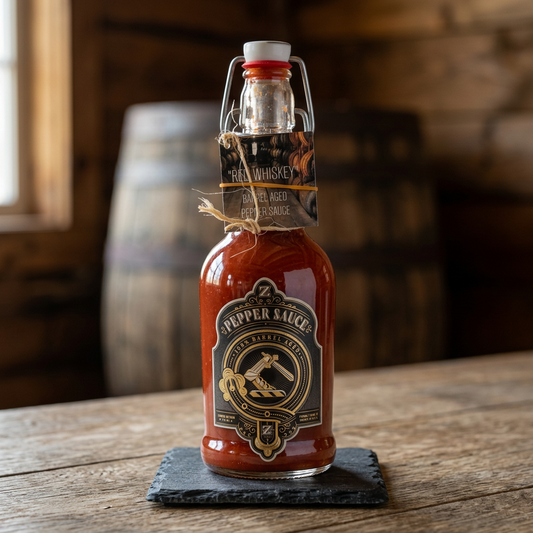 Red Whiskey barrel-aged sauce in a rustic whiskey-barrel setting