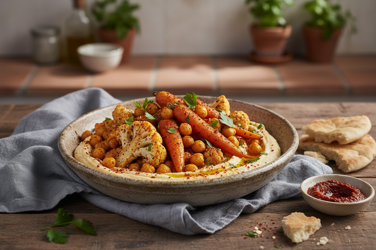 Roasted Chickpeas and Vegetables with Red Harissa