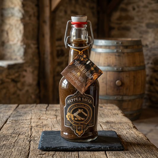 Roasted Rum barrel-aged sauce in a rustic oak-barrel setting
