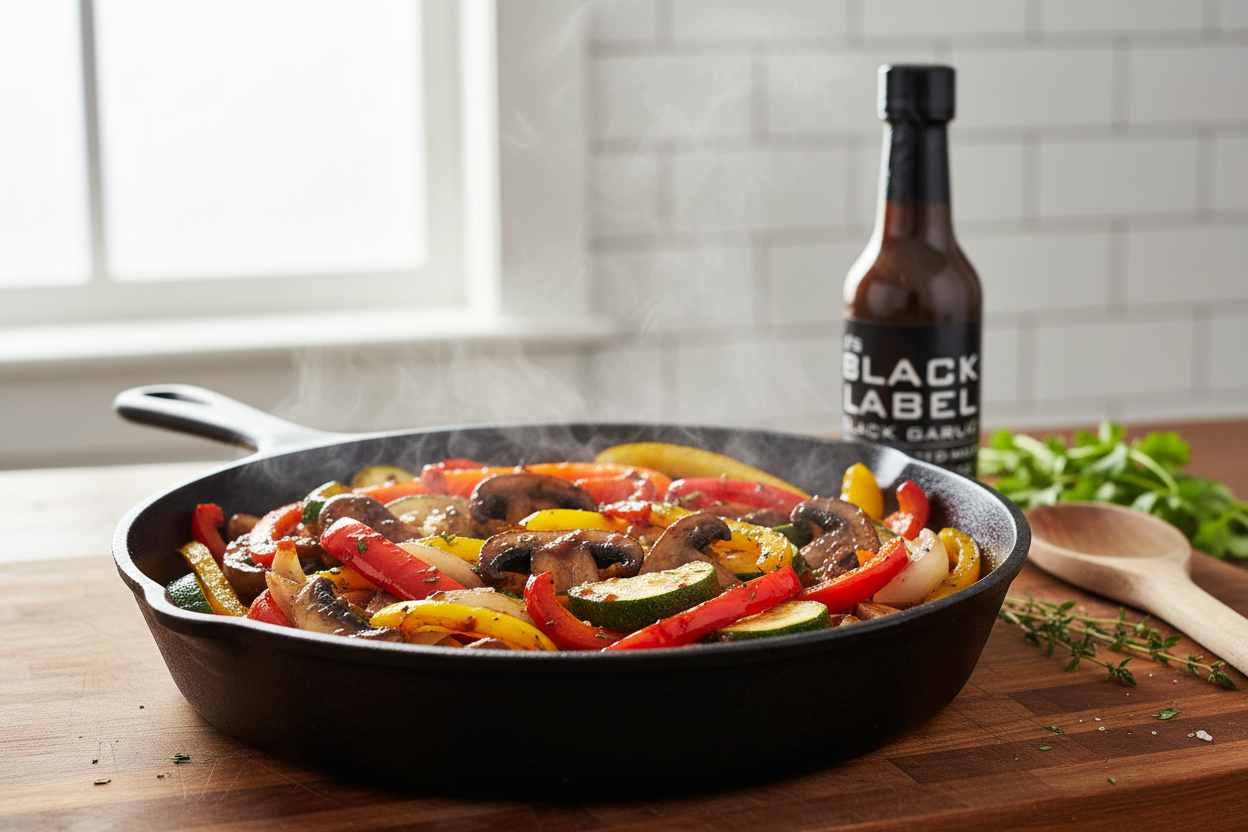Sautéed vegetables with black garlic sauce
