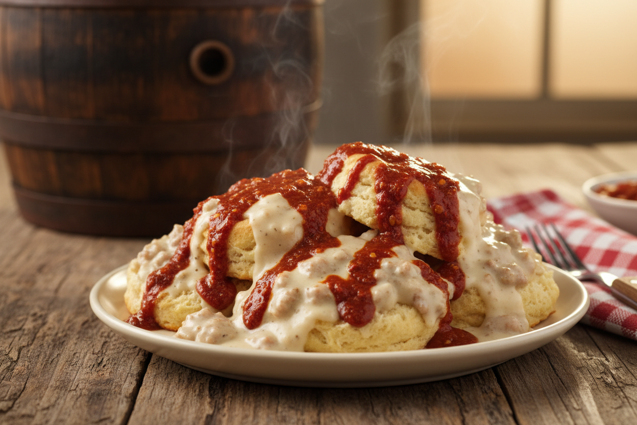 Southern biscuits and gravy with thick chunky barrel-aged hot sauce